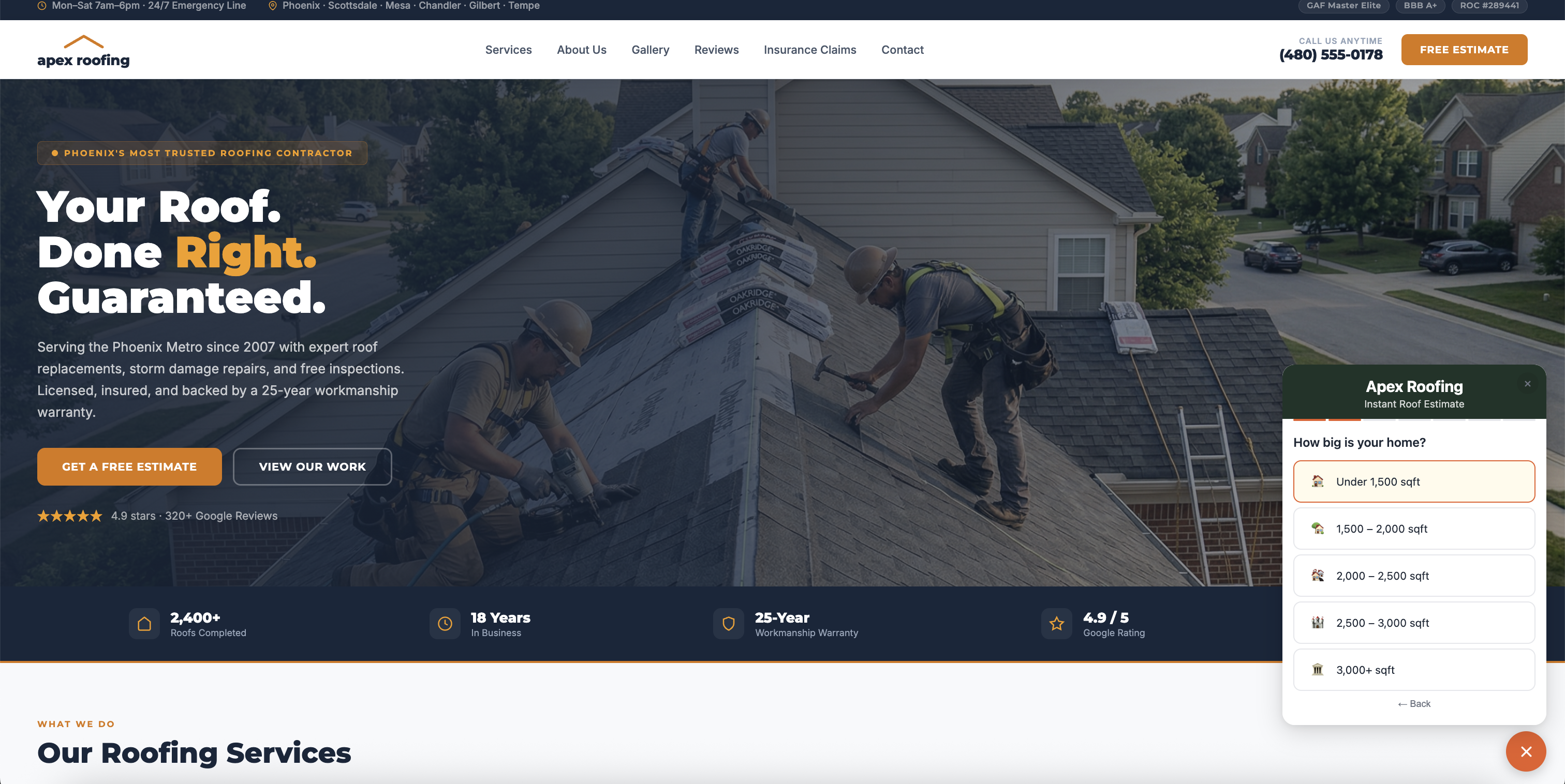 EstimateSnap roof estimate calculator embedded on a roofing contractor website showing the estimate flow