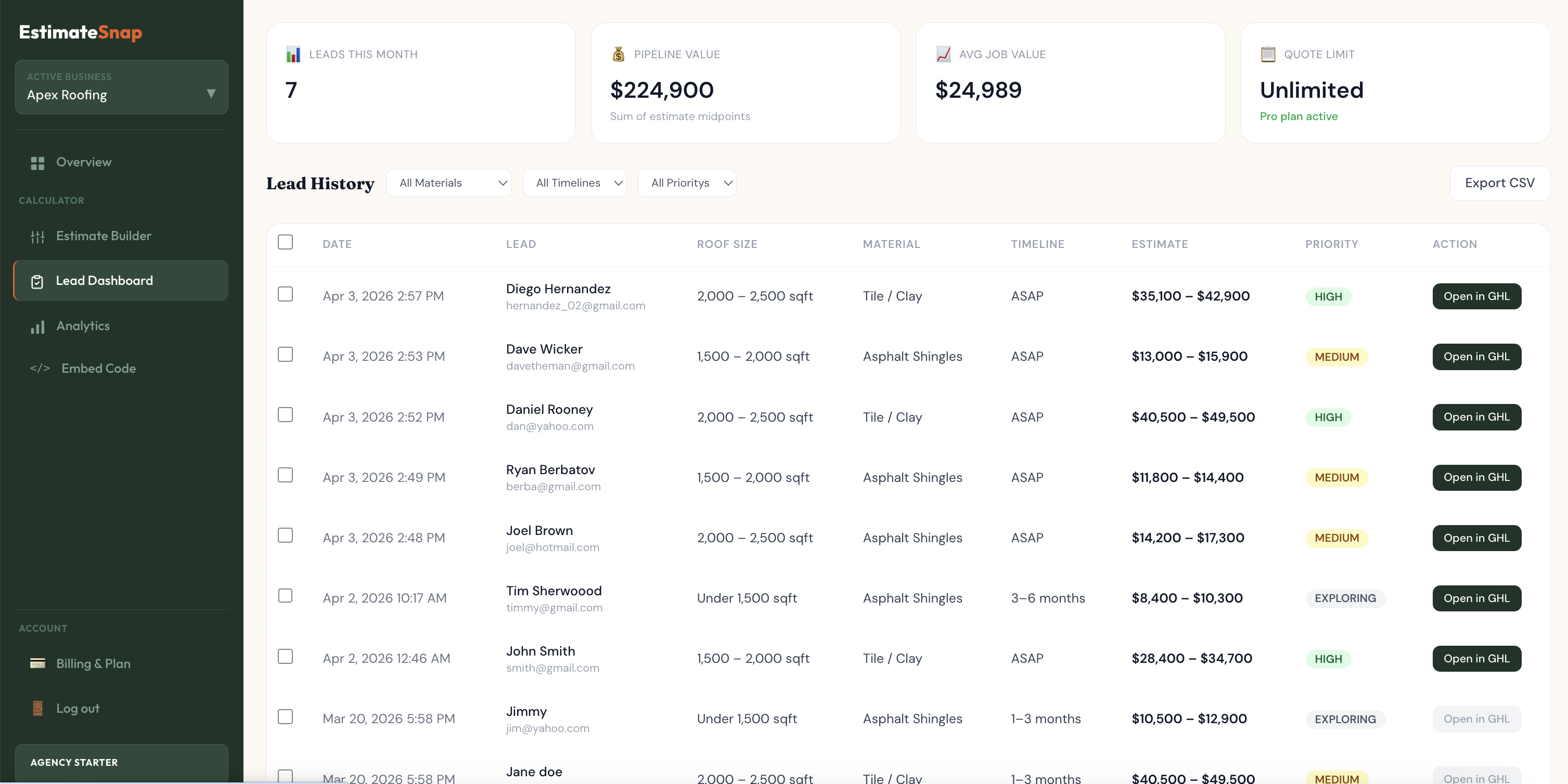 EstimateSnap lead dashboard showing roofing leads with estimate ranges and HIGH MEDIUM EXPLORING priority badges