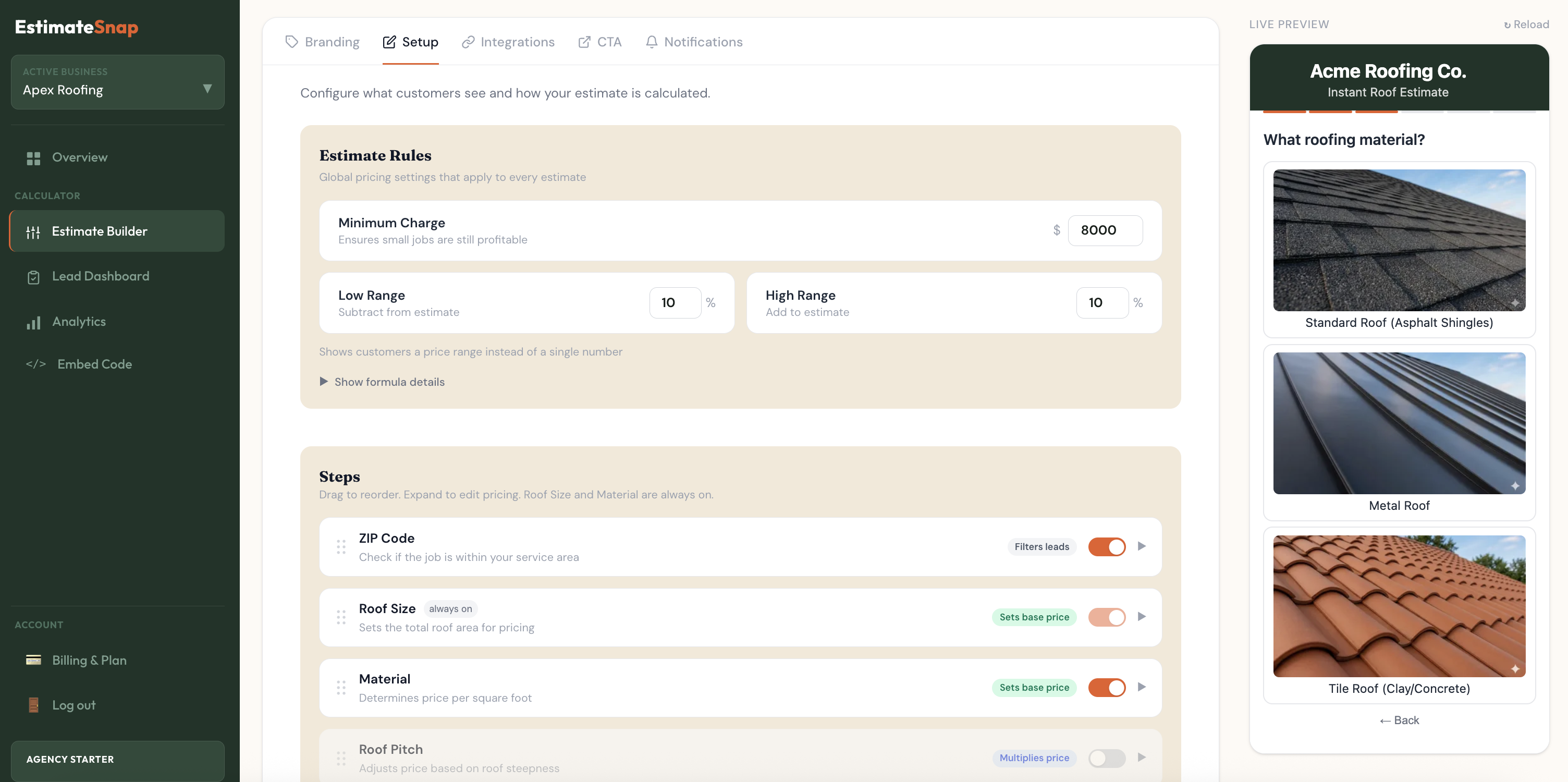 EstimateSnap calculator builder showing estimate rules, pricing steps and service area configuration