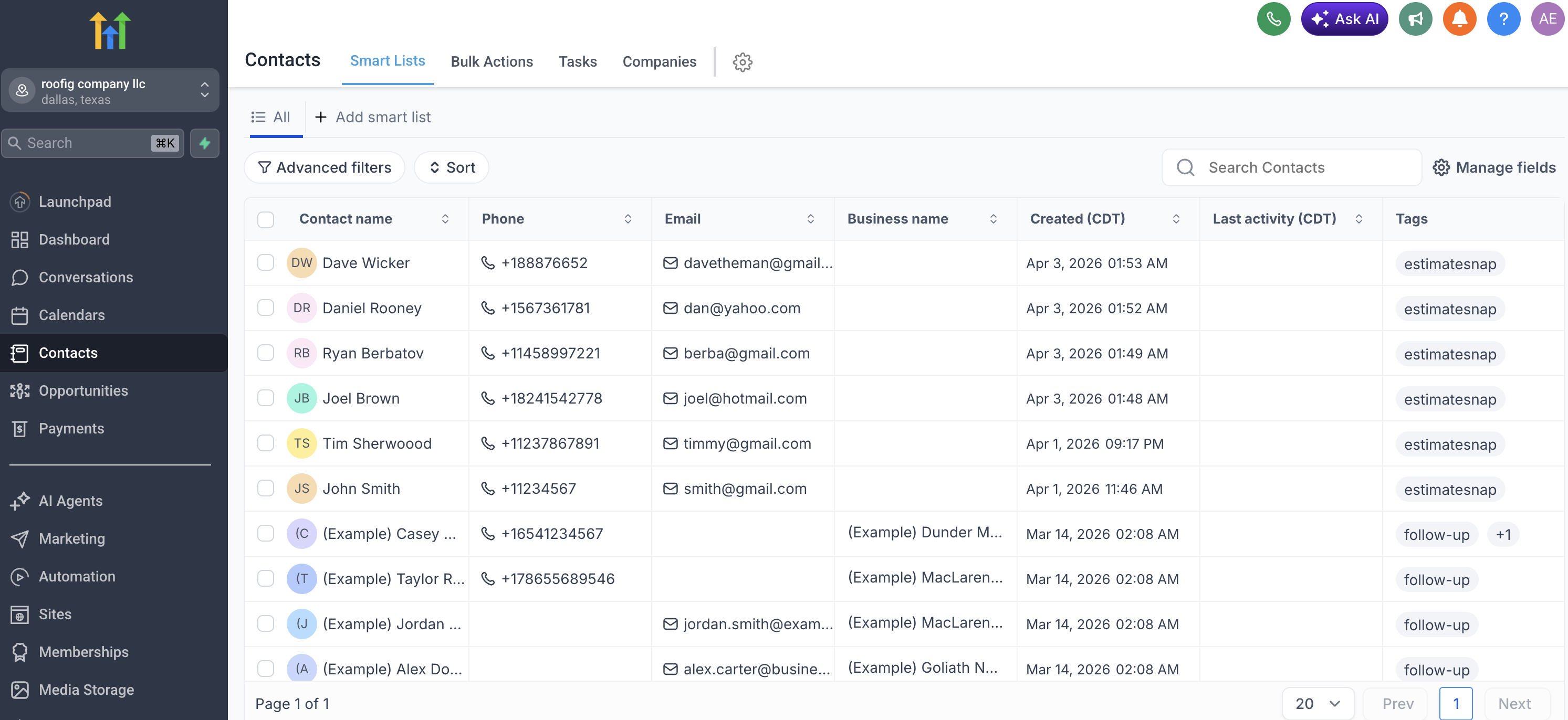 GoHighLevel contacts list showing roofing leads pushed automatically from EstimateSnap with estimatesnap tags