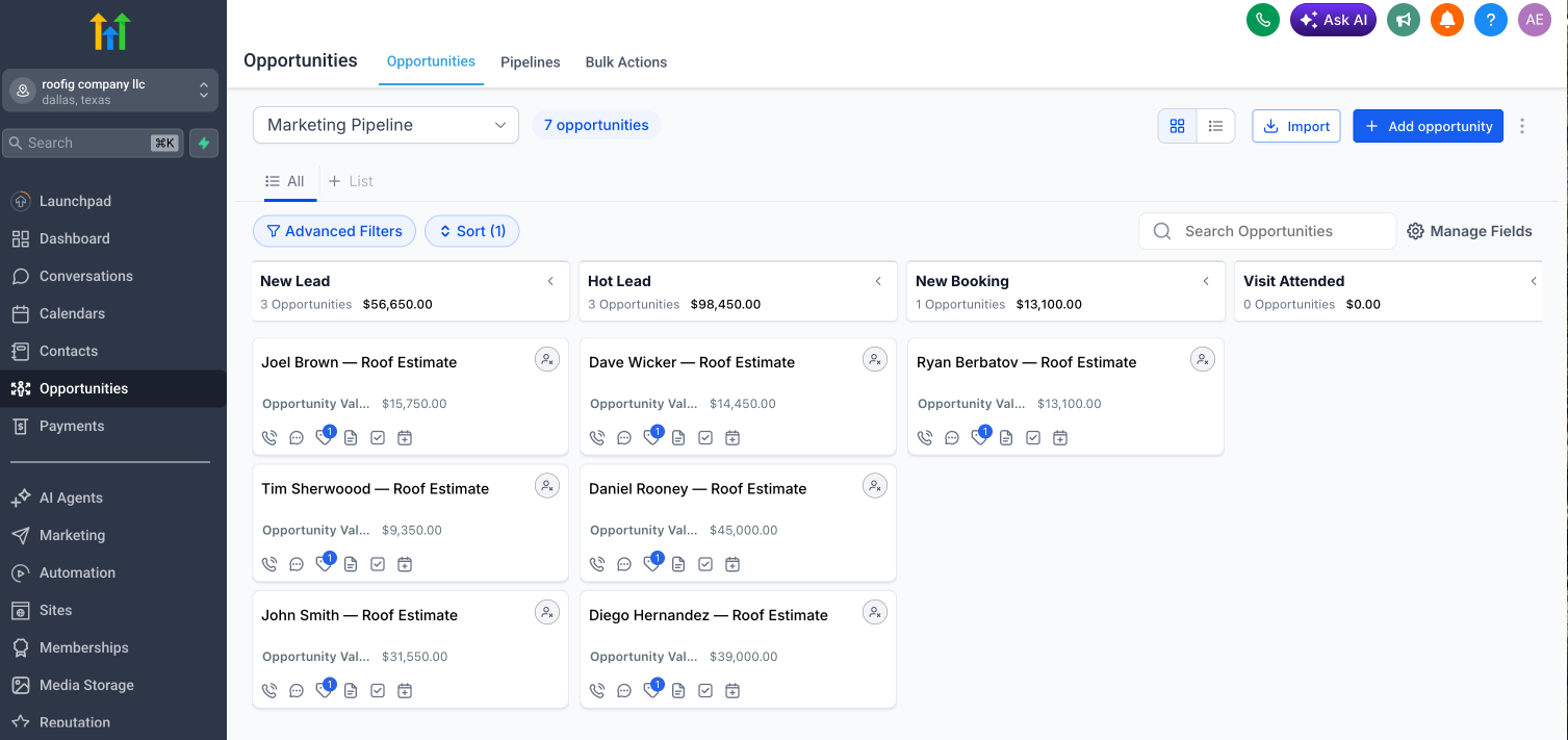 GoHighLevel pipeline showing roofing lead opportunities created automatically by EstimateSnap