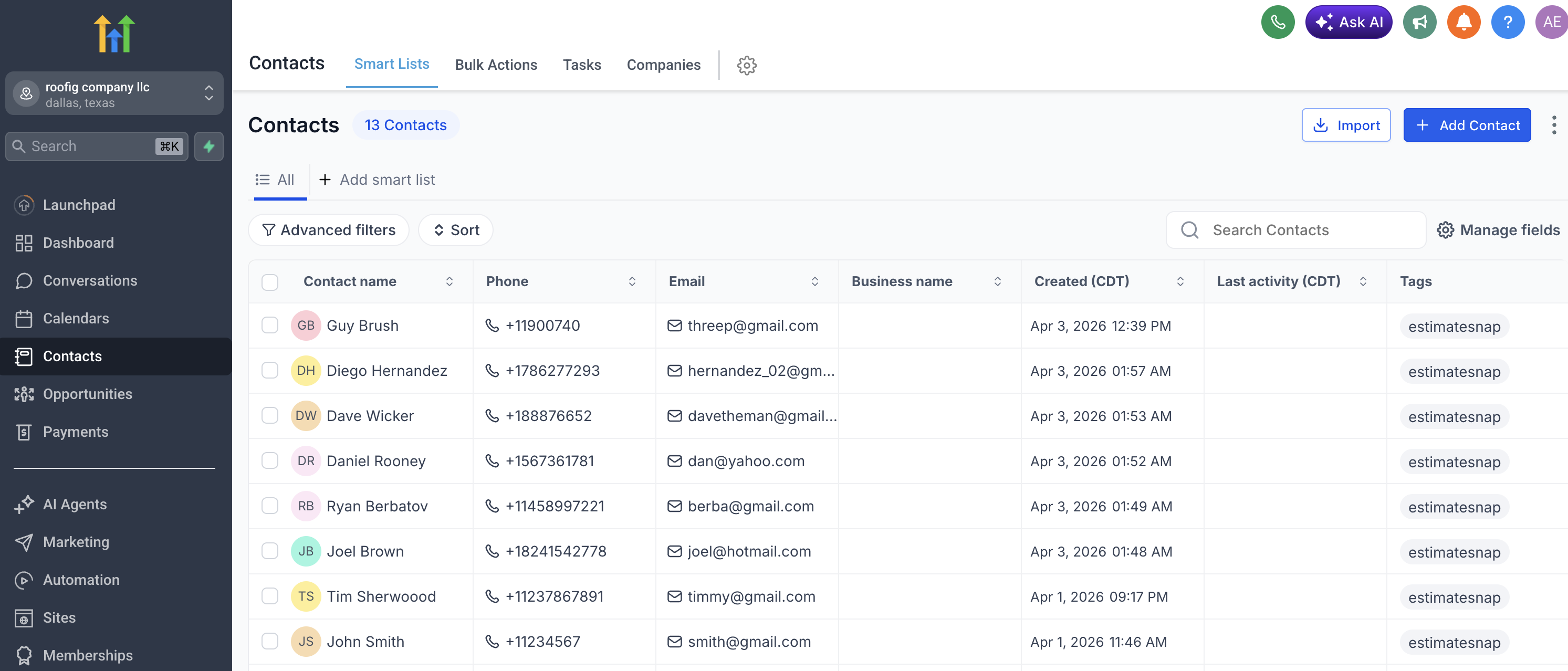 GoHighLevel contacts list showing roofing leads automatically created by EstimateSnap with estimatesnap tags